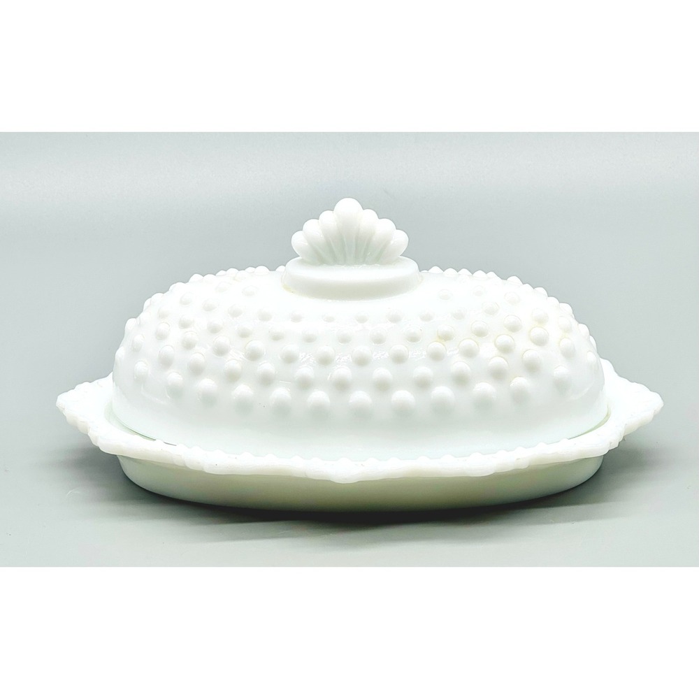 Fenton Butter Dish White Hobnail Milk Glass Vintage Oval Crown Lid Covered